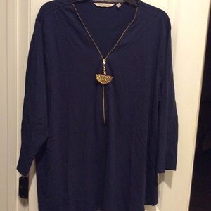 Soft Surroundings 2X cotton blue 3/4 sleeve gold zipper v neck tee pull over top